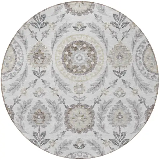 8' Silver Gray And Taupe Round Floral Washable Indoor Outdoor Area Rug Photo 4