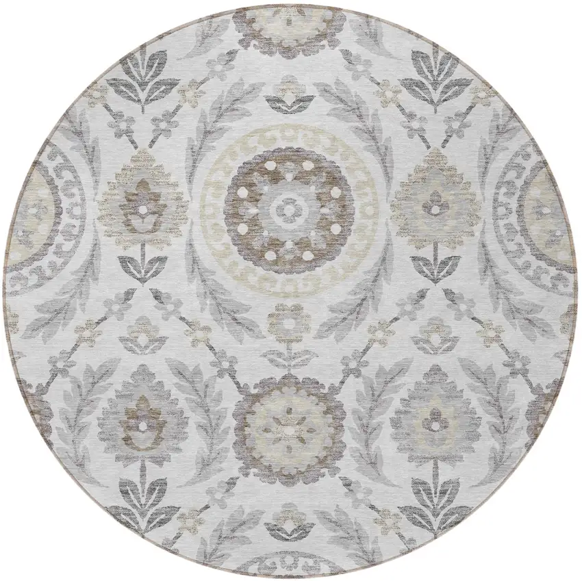 8' Silver Gray And Taupe Round Floral Washable Indoor Outdoor Area Rug Photo 4