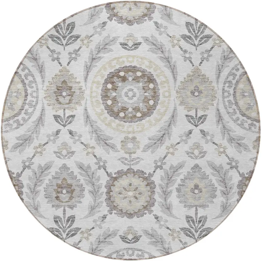 8' Silver Gray And Taupe Round Floral Washable Indoor Outdoor Area Rug Photo 4