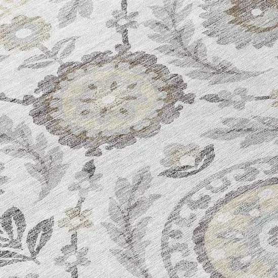 8' Silver Gray And Taupe Round Floral Washable Indoor Outdoor Area Rug Photo 8