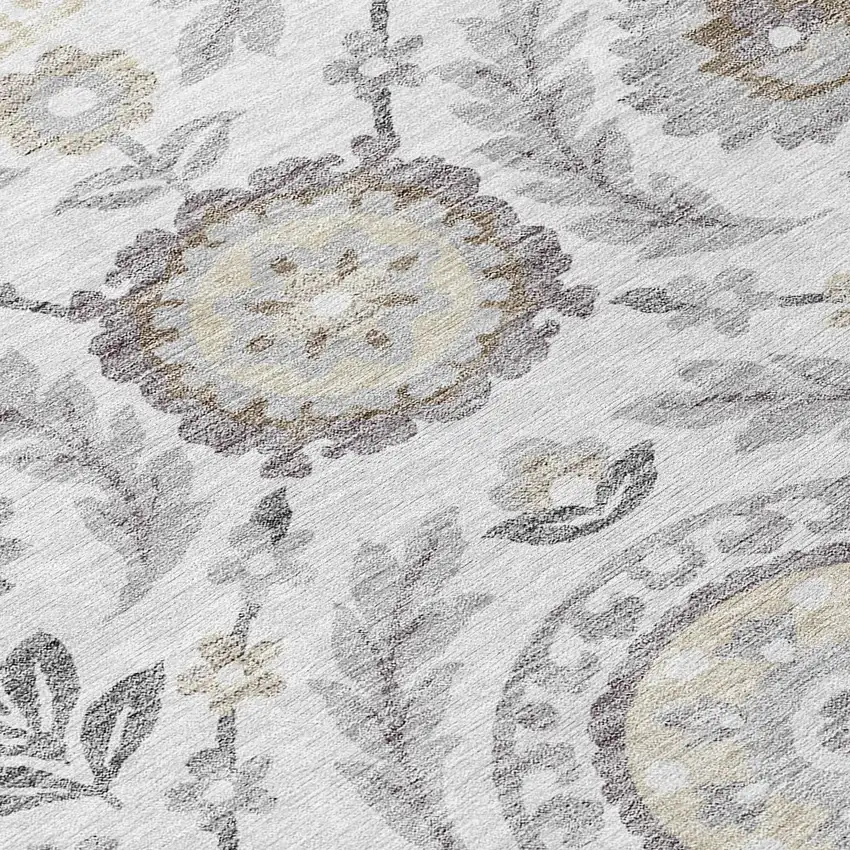 8' Silver Gray And Taupe Round Floral Washable Indoor Outdoor Area Rug Photo 8