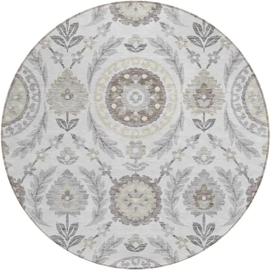 8' Silver Gray And Taupe Round Floral Washable Indoor Outdoor Area Rug Photo 1