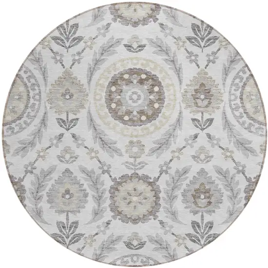 8' Silver Gray And Taupe Round Floral Washable Indoor Outdoor Area Rug Photo 1