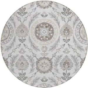 Photo of 8' Silver Gray And Taupe Round Floral Washable Indoor Outdoor Area Rug