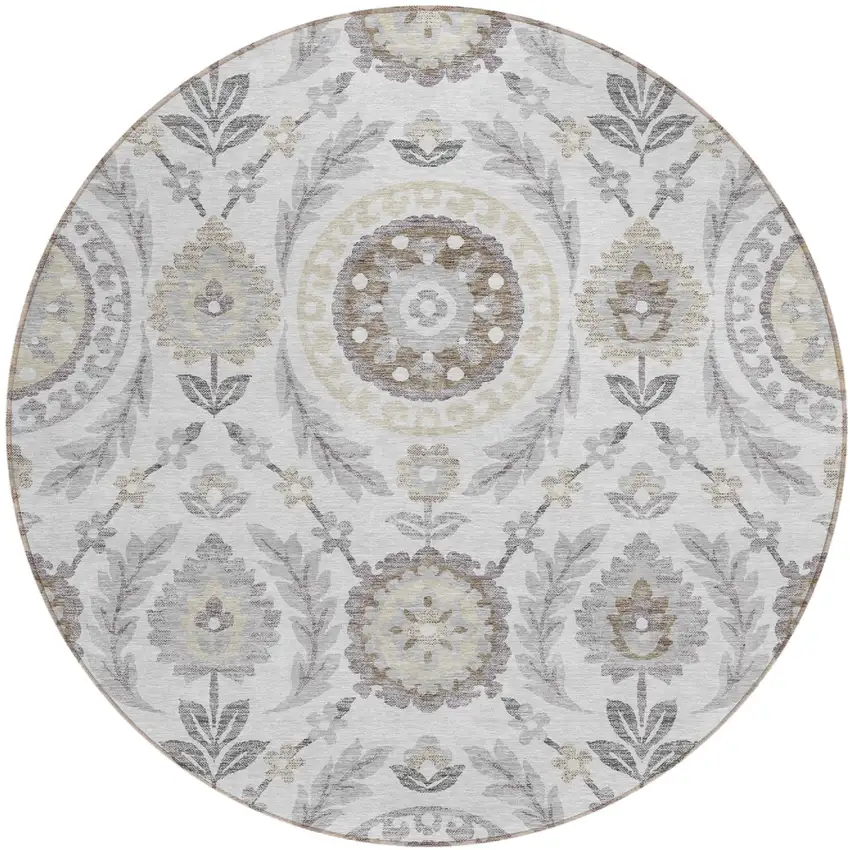 8' Silver Gray And Taupe Round Floral Washable Indoor Outdoor Area Rug Photo 1