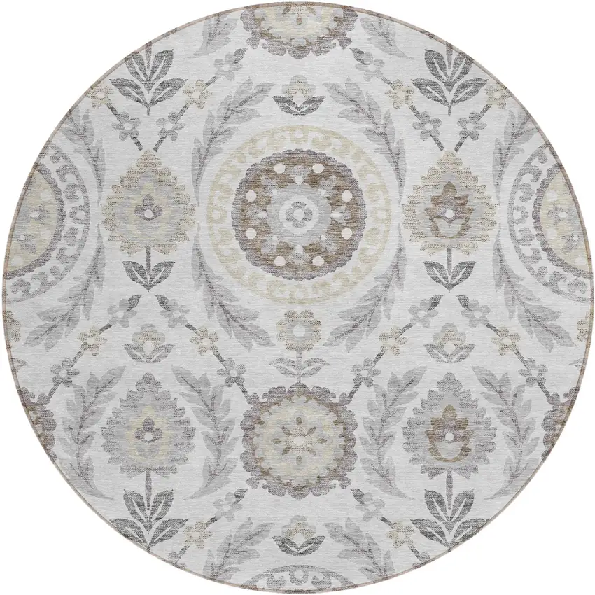 8' Silver Gray And Taupe Round Floral Washable Indoor Outdoor Area Rug Photo 1