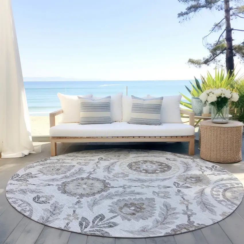 8' Silver Gray And Taupe Round Floral Washable Indoor Outdoor Area Rug Photo 5