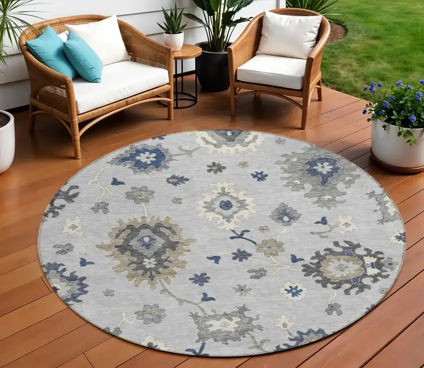 8' Silver Gray And Taupe Round Floral Washable Indoor Outdoor Area Rug Photo 1