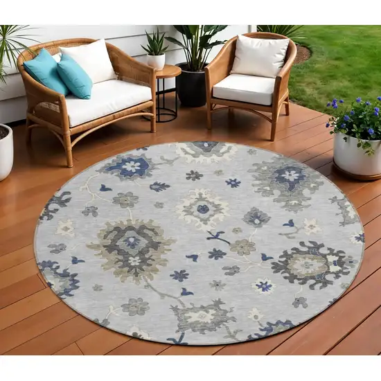 8' Silver Gray And Taupe Round Floral Washable Indoor Outdoor Area Rug Photo 1