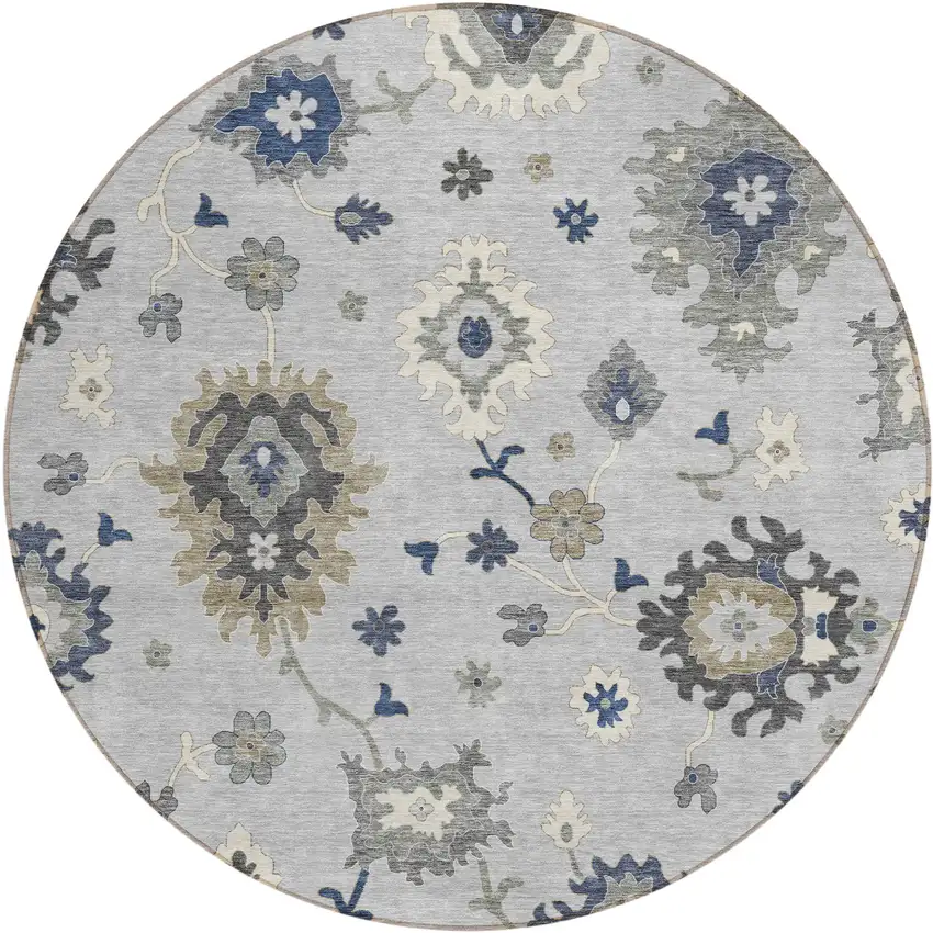 8' Silver Gray And Taupe Round Floral Washable Indoor Outdoor Area Rug Photo 1