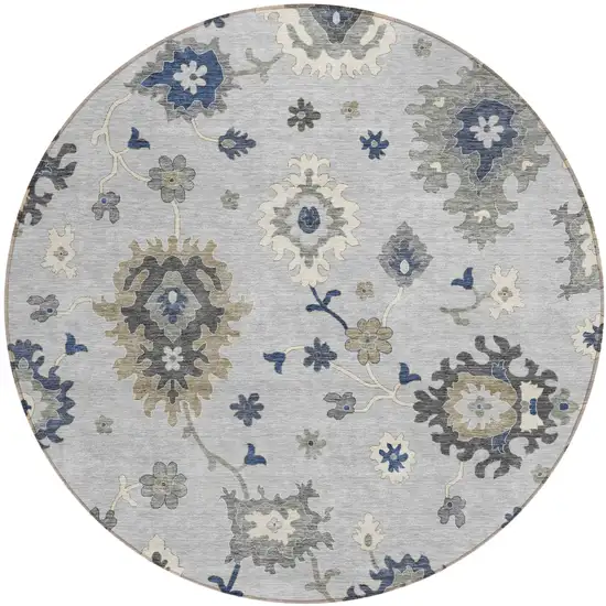 8' Silver Gray And Taupe Round Floral Washable Indoor Outdoor Area Rug Photo 1