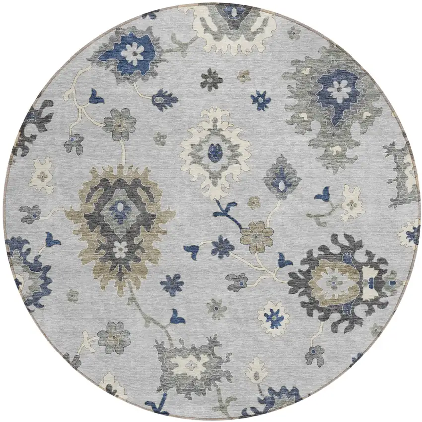 8' Silver Gray And Taupe Round Floral Washable Indoor Outdoor Area Rug Photo 1