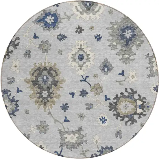 8' Silver Gray And Taupe Round Floral Washable Indoor Outdoor Area Rug Photo 1