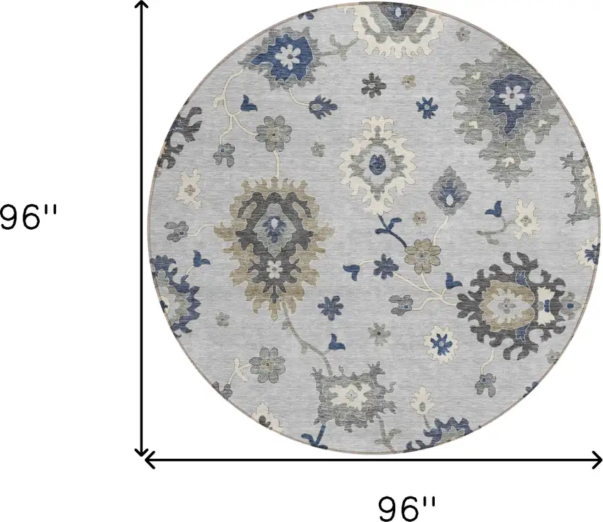 8' Silver Gray And Taupe Round Floral Washable Indoor Outdoor Area Rug Photo 9