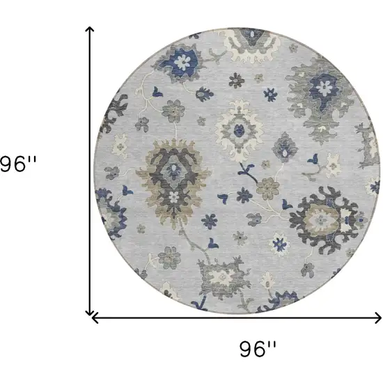 8' Silver Gray And Taupe Round Floral Washable Indoor Outdoor Area Rug Photo 9