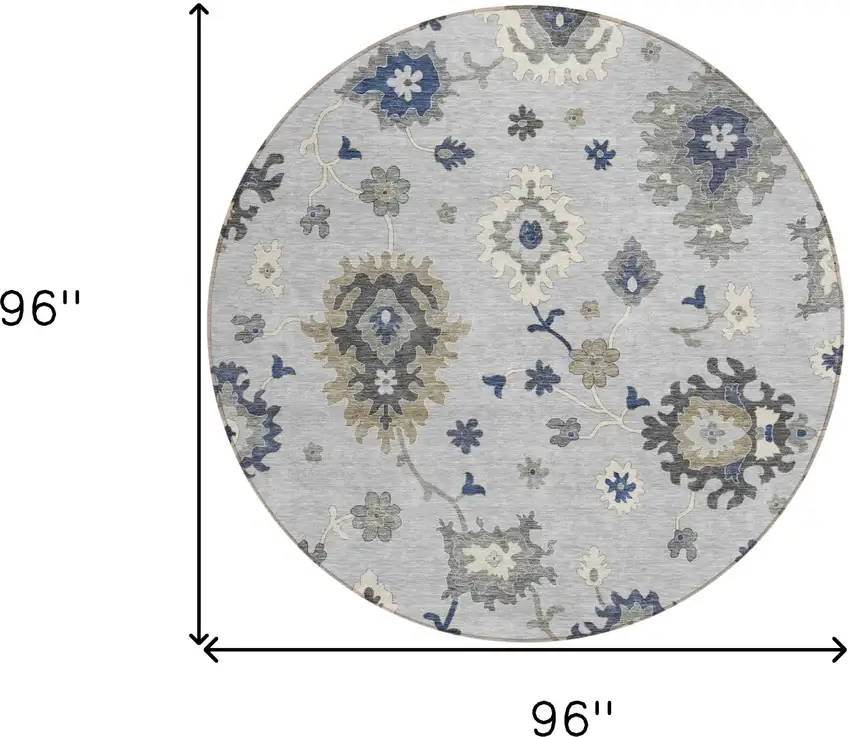 8' Silver Gray And Taupe Round Floral Washable Indoor Outdoor Area Rug Photo 9