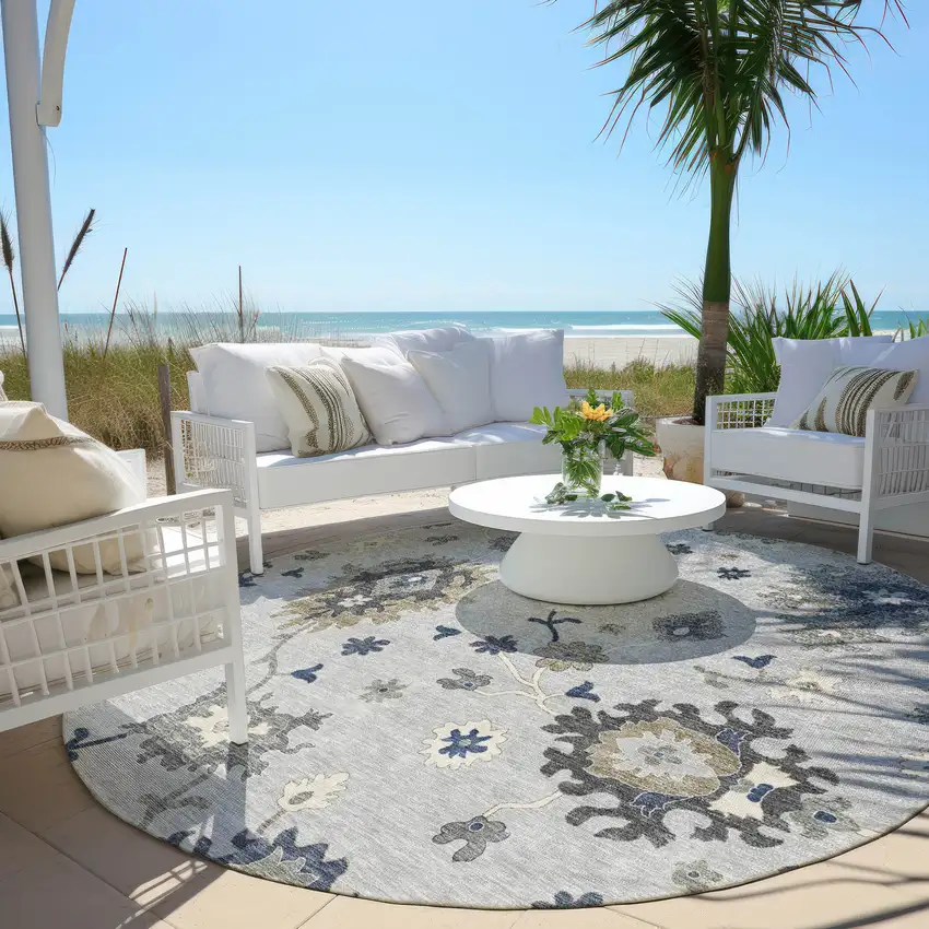 8' Silver Gray And Taupe Round Floral Washable Indoor Outdoor Area Rug Photo 6