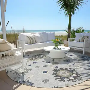 Photo of 8' Silver Gray And Taupe Round Floral Washable Indoor Outdoor Area Rug