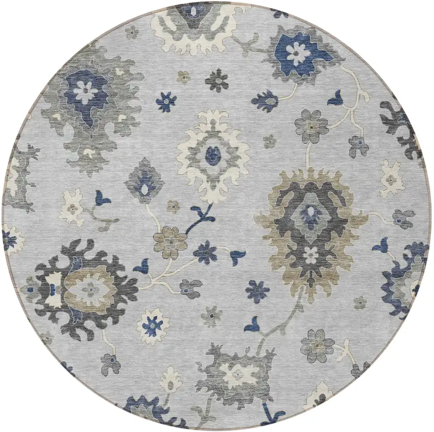 8' Silver Gray And Taupe Round Floral Washable Indoor Outdoor Area Rug Photo 5