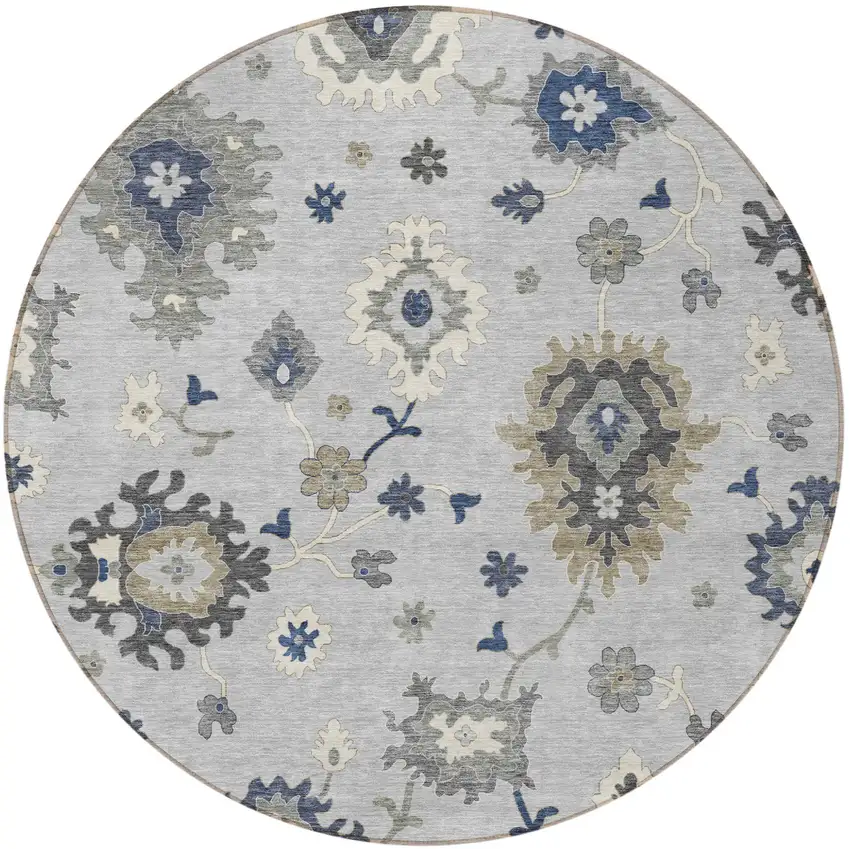 8' Silver Gray And Taupe Round Floral Washable Indoor Outdoor Area Rug Photo 5