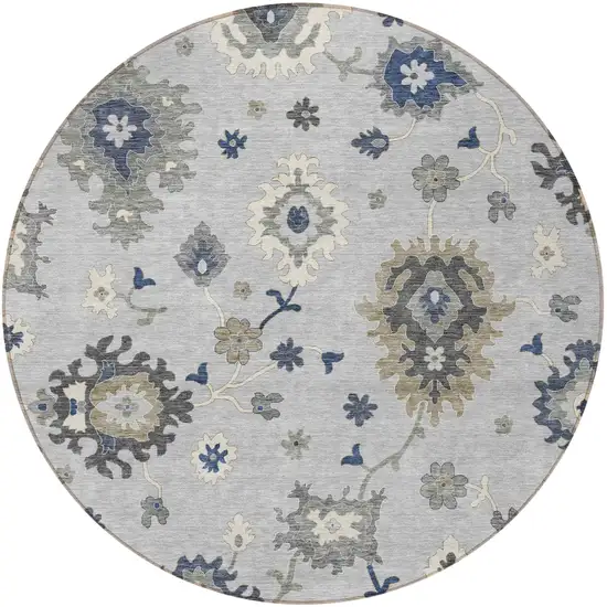 8' Silver Gray And Taupe Round Floral Washable Indoor Outdoor Area Rug Photo 5
