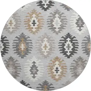 Photo of 8' Silver Gray And Taupe Southwestern Washable Round Rug With UV Protection