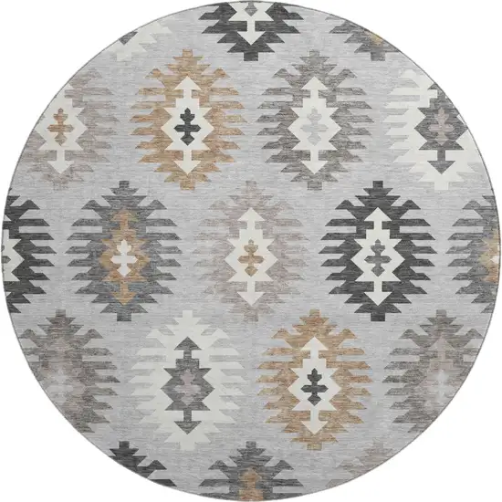 8' Silver Gray And Taupe Southwestern Washable Round Rug With UV Protection Photo 1