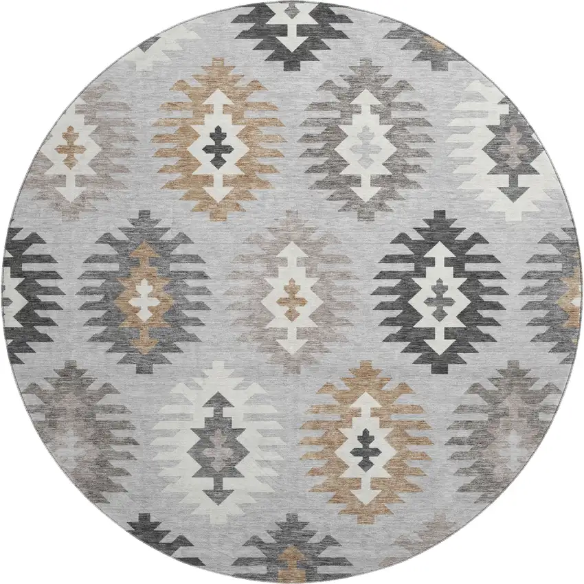 8' Silver Gray And Taupe Southwestern Washable Round Rug With UV Protection Photo 1