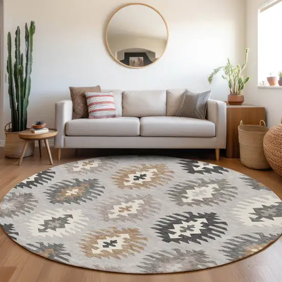 8' Silver Gray And Taupe Southwestern Washable Round Rug With UV Protection Photo 4