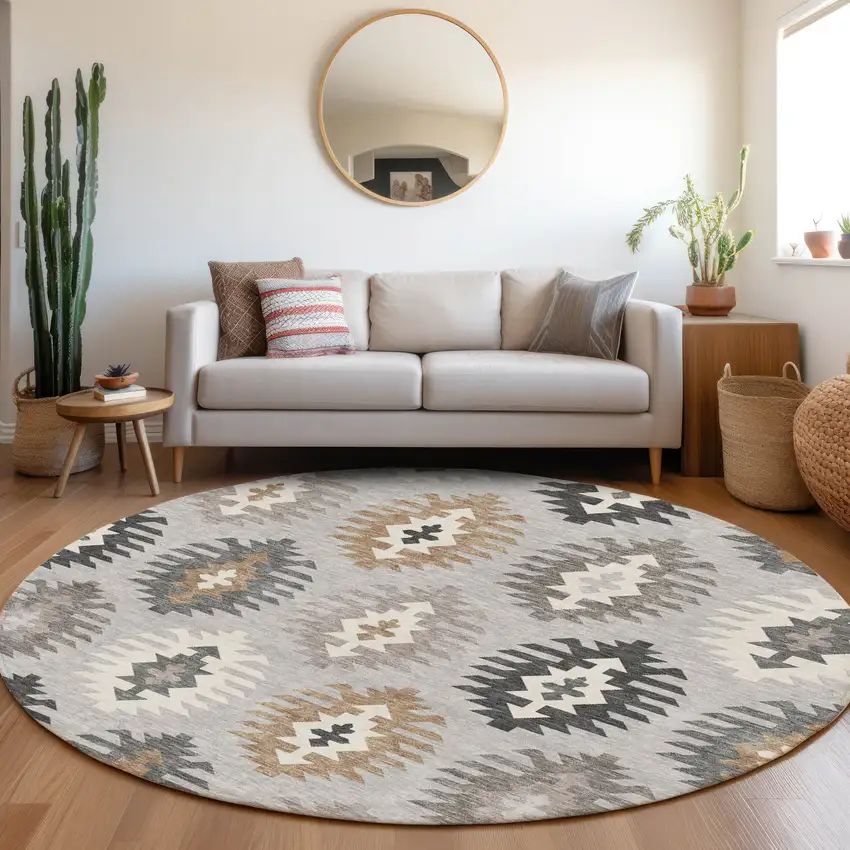 8' Silver Gray And Taupe Southwestern Washable Round Rug With UV Protection Photo 4