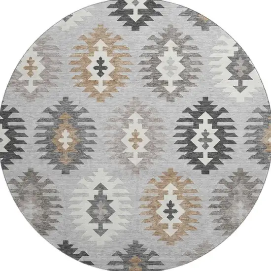 8' Silver Gray And Taupe Southwestern Washable Round Rug With UV Protection Photo 3