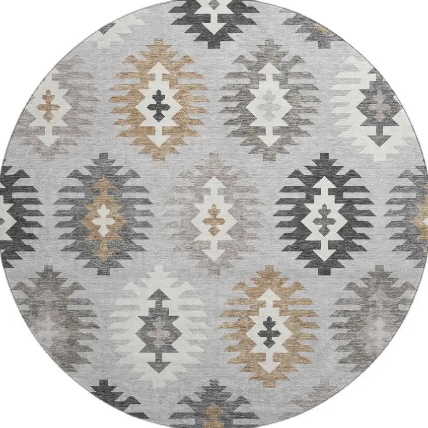 8' Silver Gray And Taupe Southwestern Washable Round Rug With UV Protection Photo 3