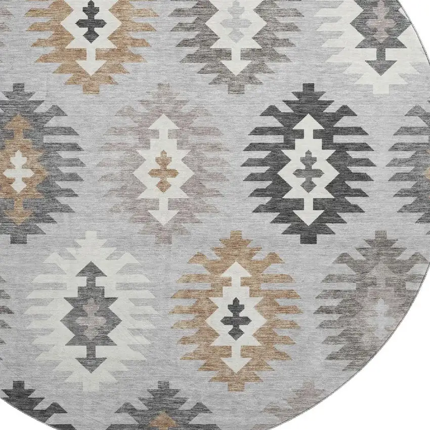 8' Silver Gray And Taupe Southwestern Washable Round Rug With UV Protection Photo 2