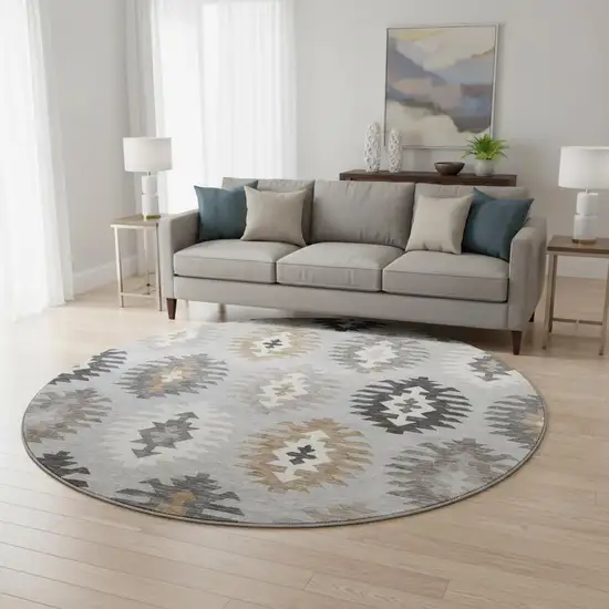 8' Silver Gray And Taupe Southwestern Washable Round Rug With UV Protection Photo 2