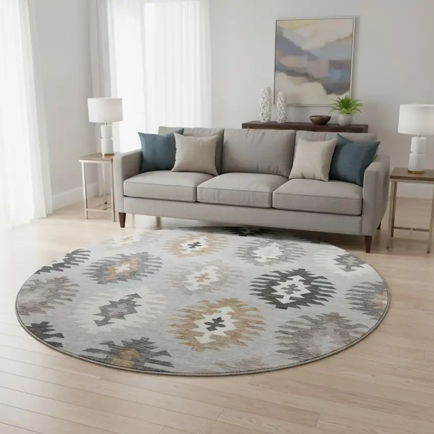 8' Silver Gray And Taupe Southwestern Washable Round Rug With UV Protection Photo 2