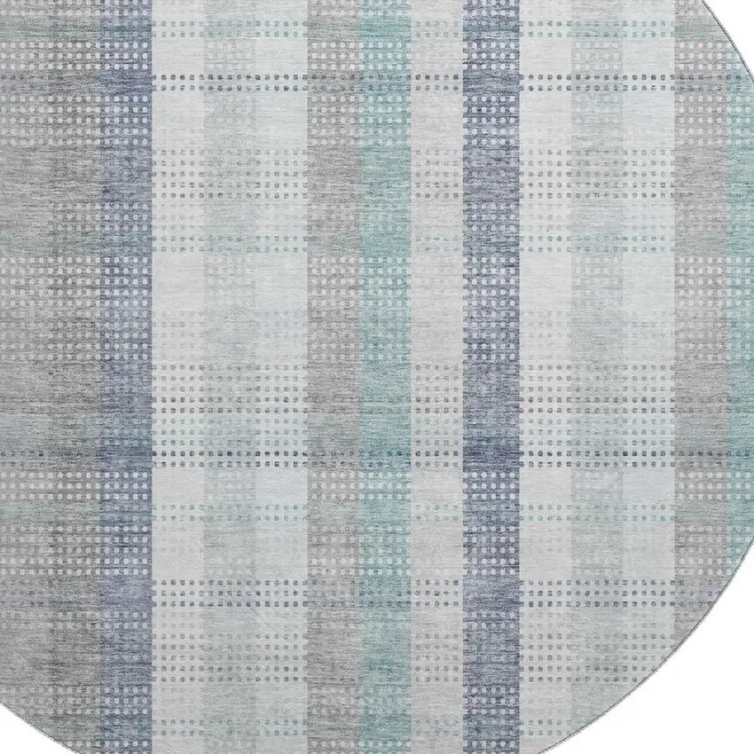 8' Silver Gray And Teal Plaid Washable Round Rug With UV Protection Photo 2
