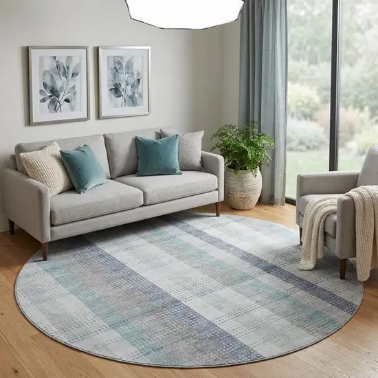 8' Silver Gray And Teal Plaid Washable Round Rug With UV Protection Photo 1