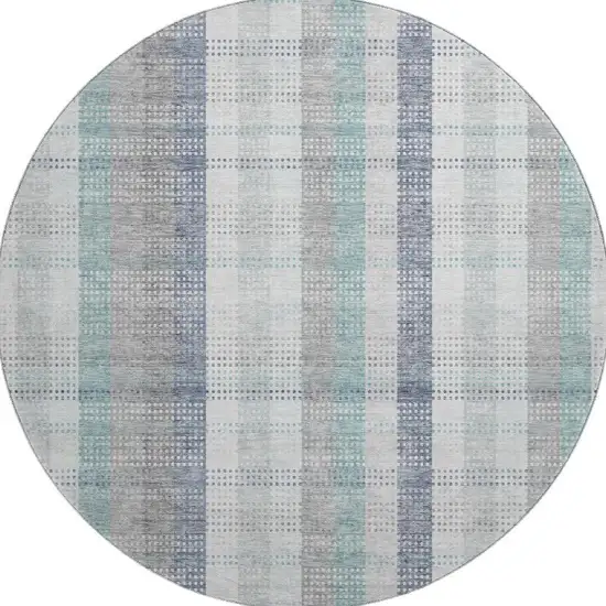8' Silver Gray And Teal Plaid Washable Round Rug With UV Protection Photo 3
