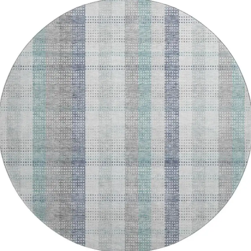 8' Silver Gray And Teal Plaid Washable Round Rug With UV Protection Photo 3