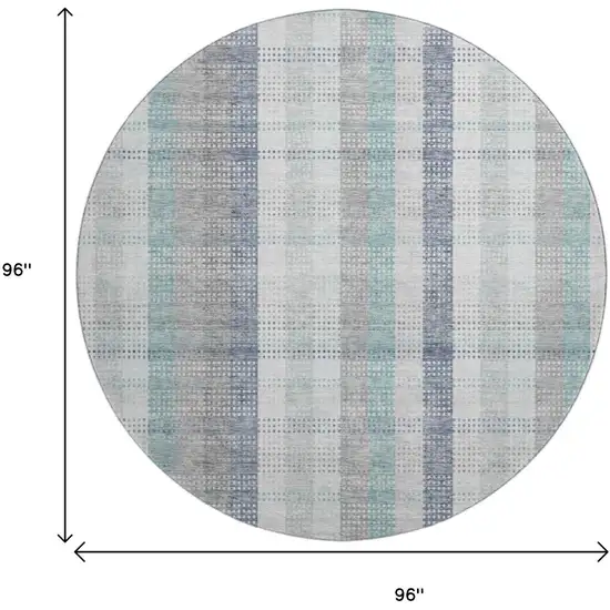 8' Silver Gray And Teal Plaid Washable Round Rug With UV Protection Photo 9