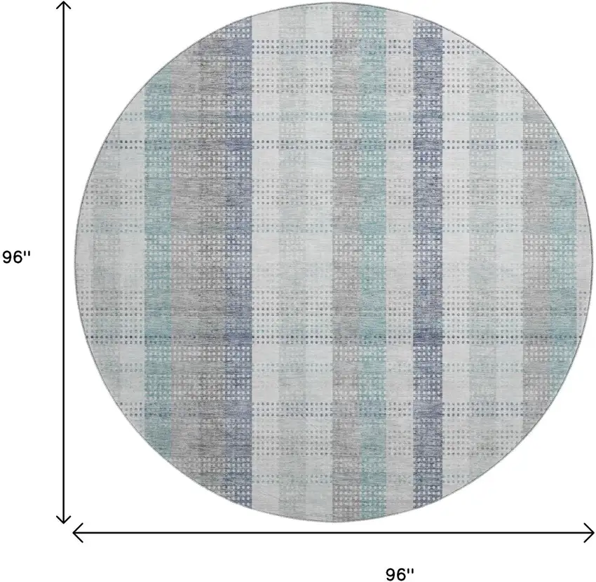 8' Silver Gray And Teal Plaid Washable Round Rug With UV Protection Photo 9