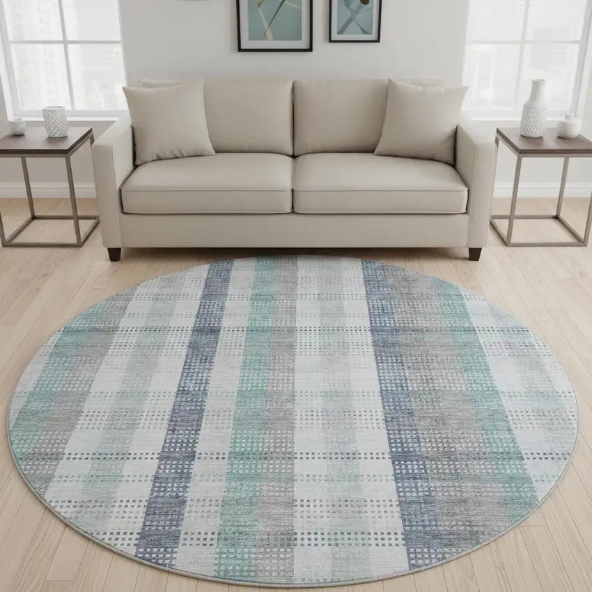 8' Silver Gray And Teal Plaid Washable Round Rug With UV Protection Photo 2