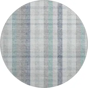 Photo of 8' Silver Gray And Teal Plaid Washable Round Rug With UV Protection
