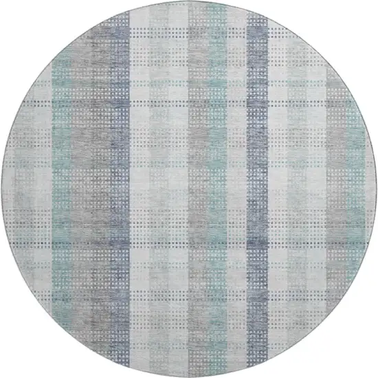 8' Silver Gray And Teal Plaid Washable Round Rug With UV Protection Photo 1