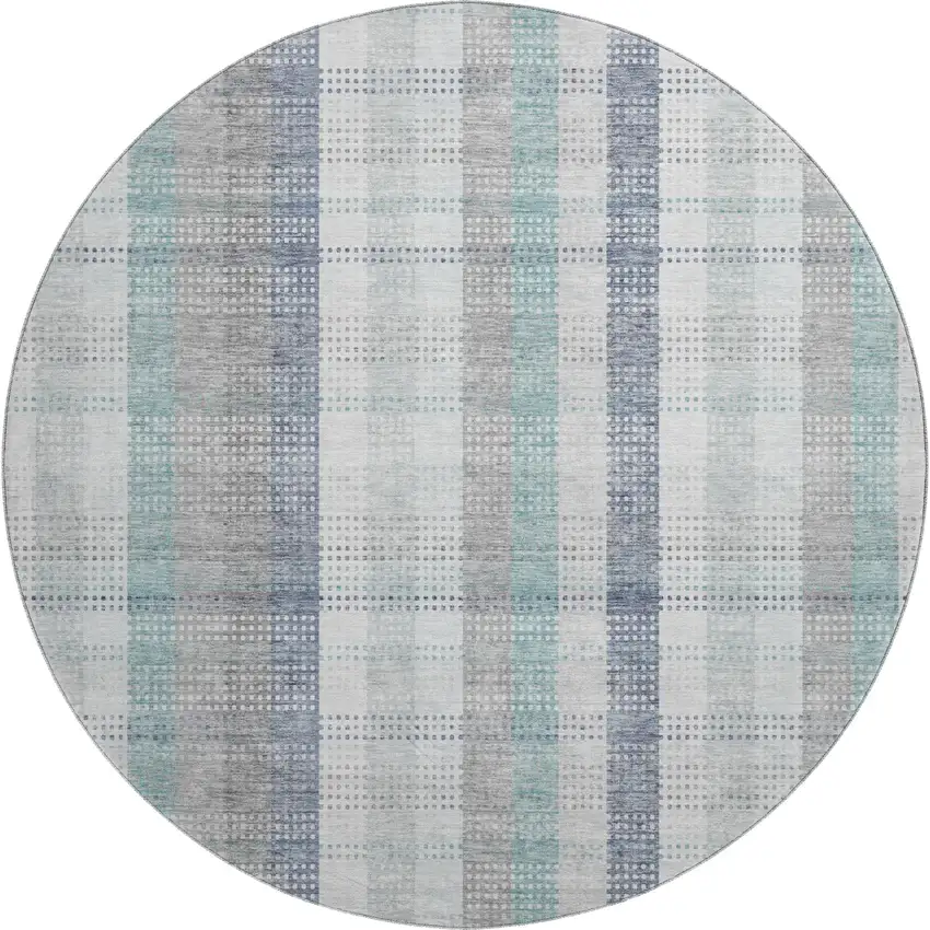 8' Silver Gray And Teal Plaid Washable Round Rug With UV Protection Photo 1