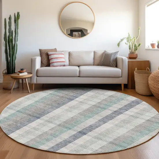 8' Silver Gray And Teal Plaid Washable Round Rug With UV Protection Photo 4