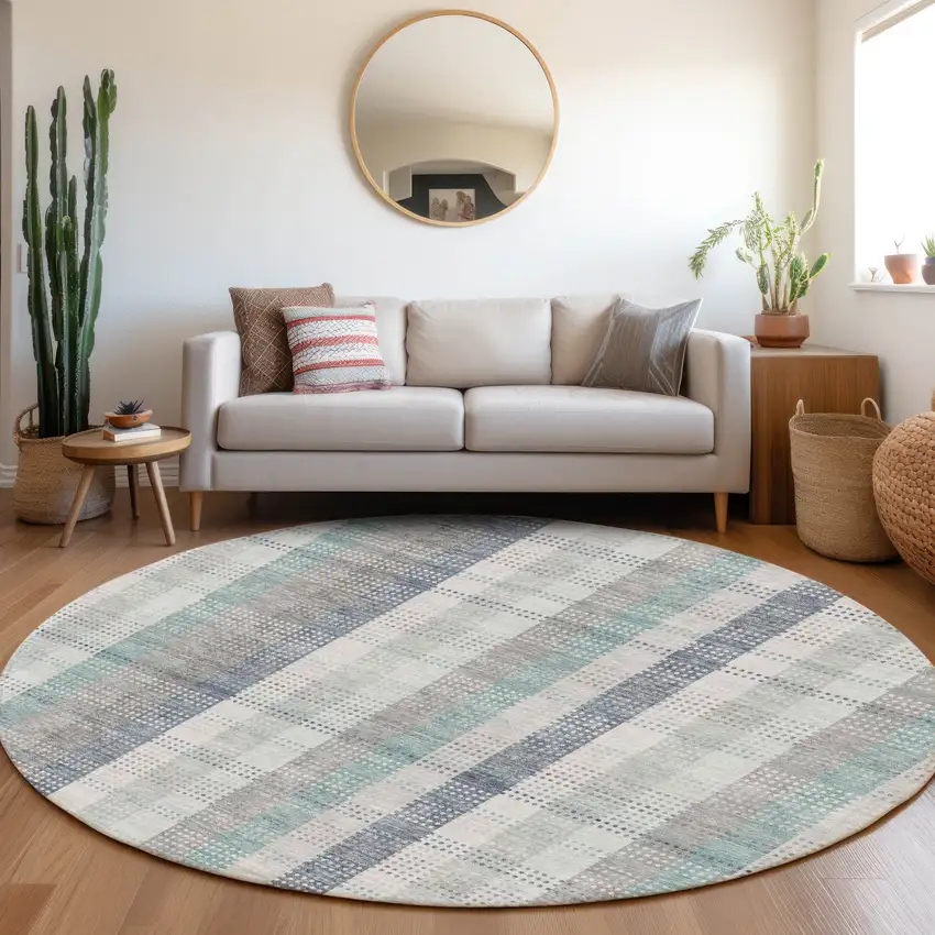 8' Silver Gray And Teal Plaid Washable Round Rug With UV Protection Photo 4