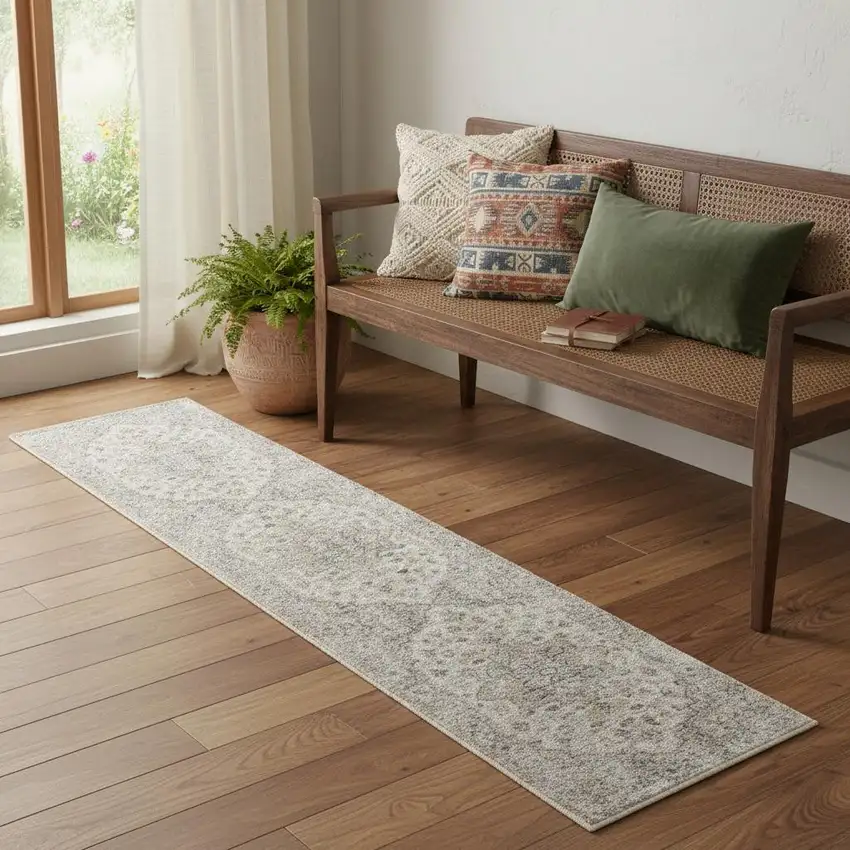 6' Silver Gray And Yellow Oriental Runner Rug Photo 1