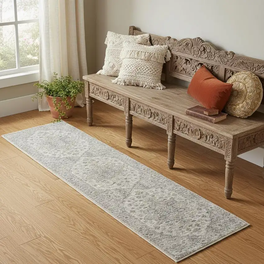 6' Silver Gray And Yellow Oriental Runner Rug Photo 1