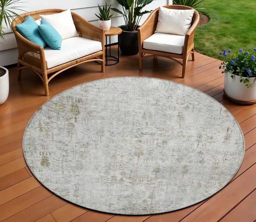 8' Silver Green And Gray Round Floral Washable Indoor Outdoor Area Rug Photo 1